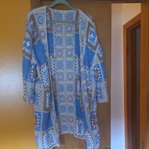 Polo by Ralph Lauren Blue and Cream Crochet Open-Front Cardigan